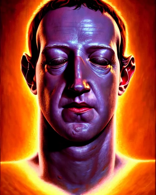 Prompt: cinematic bust portriat of mark zuckerberg, head and chest only, exotic alien features, Tim Hildebrandt, Wayne Barlowe, Bruce Pennington, donato giancola, emil melmoth, oil on canvas, masterpiece, trending on artstation, featured on pixiv, cinematic composition, dramatic pose, beautiful lighting, sharp, details, hyper-detailed, HD, HDR, 4K, 8K