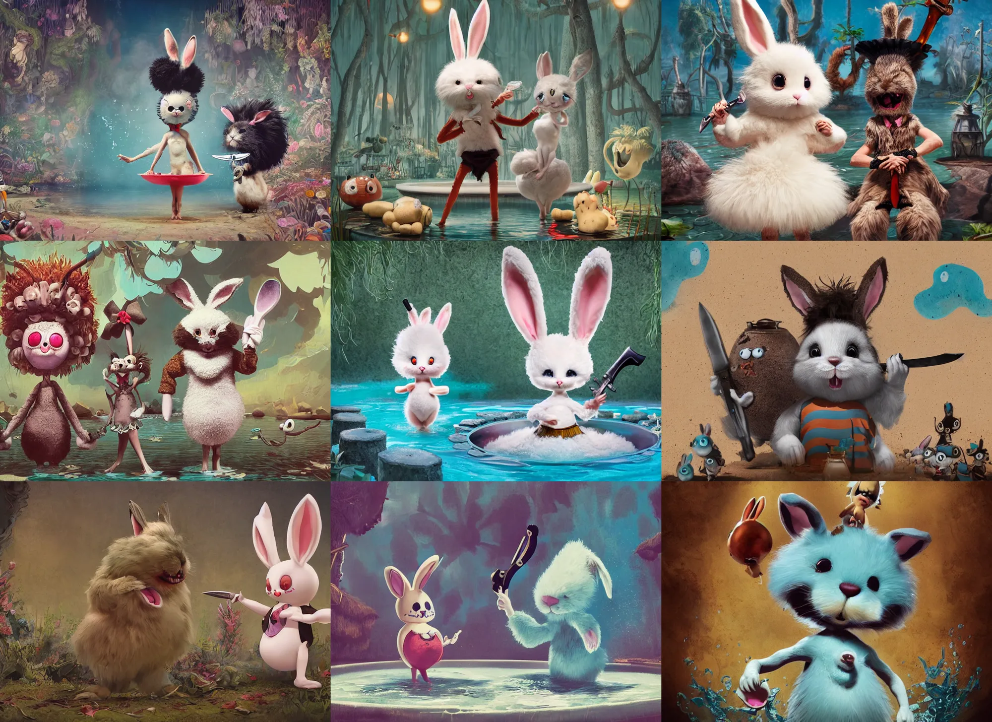 Prompt: a cute fluffy bunny with an insane expression, stands in a pool of water, holding a black steel bowie knife. dance photography, character concept art, intricate detailed 8 k environment, gary baseman, genevieve gauckler, preston blair, tex avery, art by pedro correa for high times magazine