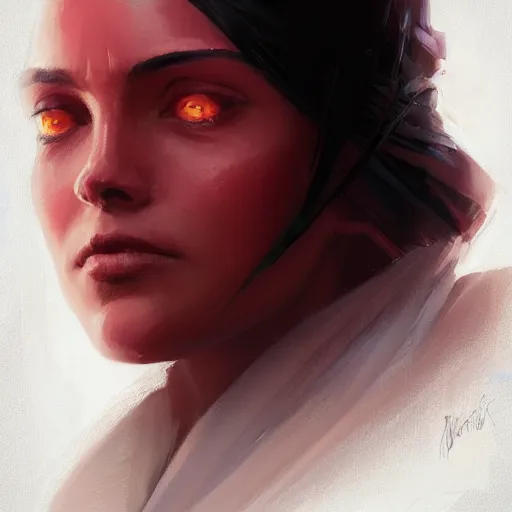 Image similar to portrait of a woman by greg rutkowski, jedi princess, straight black hair, jedi robes, star wars expanded universe, she is about 2 0 years old, elegant, graceful, wearing red jedi robes, highly detailed portrait, digital painting, artstation, concept art, smooth, sharp foccus ilustration, artstation hq