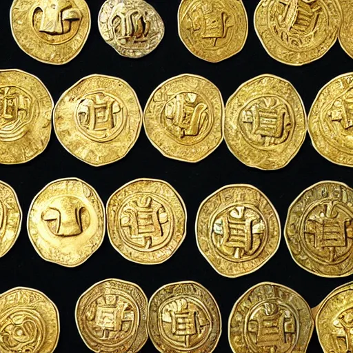 Prompt: a strange veriety collection of oddly shaped intricate ancient golden coins