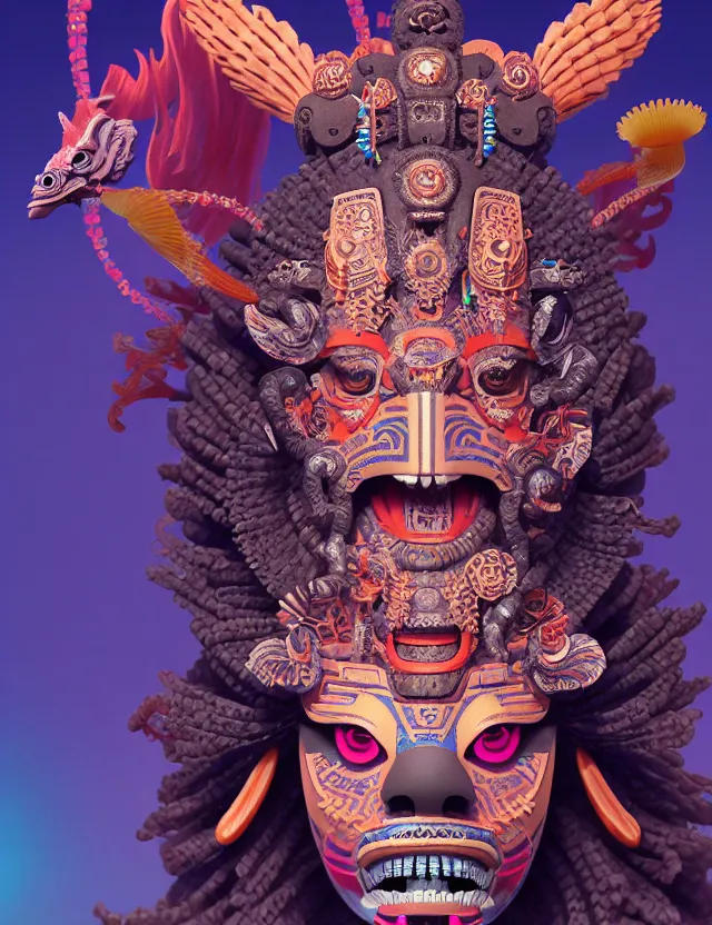 Image similar to 3 d goddess close - up profile portrait aztec with ram skull. beautiful intricately detailed japanese crow kitsune mask and clasical japanese kimono. betta fish, jellyfish phoenix, bio luminescent, plasma, ice, water, wind, creature, artwork by tooth wu and wlop and beeple and greg rutkowski