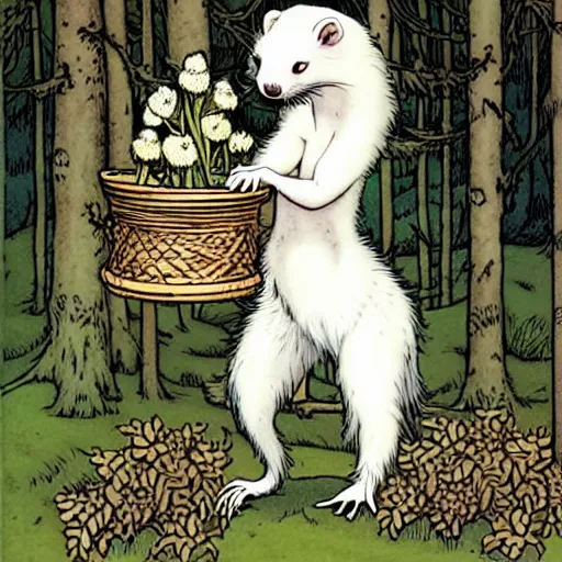 Prompt: A cute white-furred ferret-girl Herbalist collecting flowers in the forest. Absurdly-detailed fantasy character illustration by Rebecca Guay and Wayne Reynolds