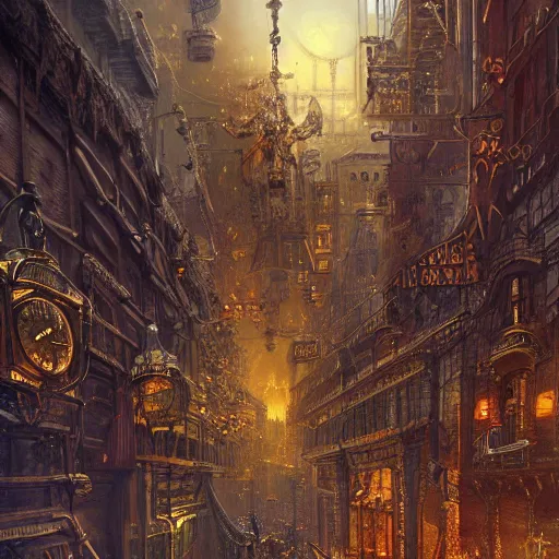 Image similar to artstation concept of a city inspired by steampunk, with numerous steampunk historic elements from industrial light and magic, bright colorful, gold, hyperdetailed, artstation trending, world renowned artists, worth1000.com, historic artworks society, antique renewel, cgsociety, by greg rutkowski, by Gustave Dore, Deviantart