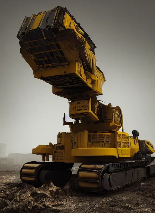 Prompt: a photorealistic dramatic hyperrealistic render of a futuristic caterpillar exosuit power dozer heavy machinery, ultra realistic details, glossy yellow, well worn, rust, oil stains by vitaly bulgarov and mike nash, beautiful dramatic dark moody tones and lighting, cinematic atmosphere, studio lighting, global illumination, shadows, dark background, octane render, 8 k