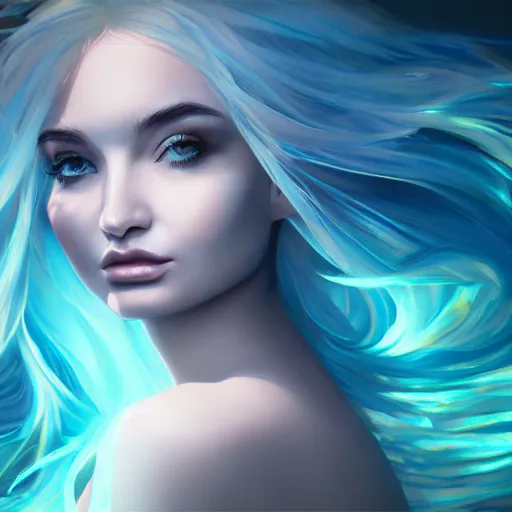 Image similar to A mesmerizing ethereal oceanic portrait of Kim Petras, splash art, dispersion art, natural light, sunlit, hyperdetailed, artstation, cgsociety, 8k