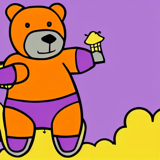 Image similar to cartoon animated bear wearing clothes being launched out of a futuristic machine into a purple and orange cloud land