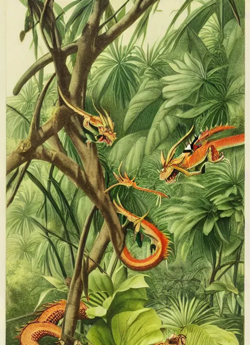 Image similar to dragons in a tropical forest, john james audubon, vintage botanical, intaglio