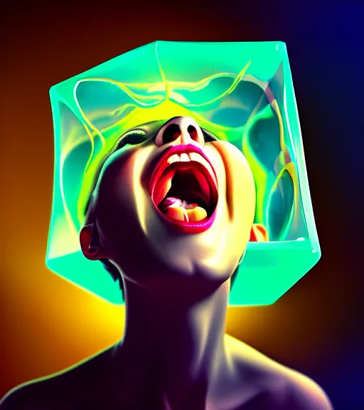 Image similar to biomorphic woman screaming with joy inside a gelatinous cube of aspic of electronics, extremely detailed masterpiece, atmospheric, shadowy, cinematic, digital art, 4 k