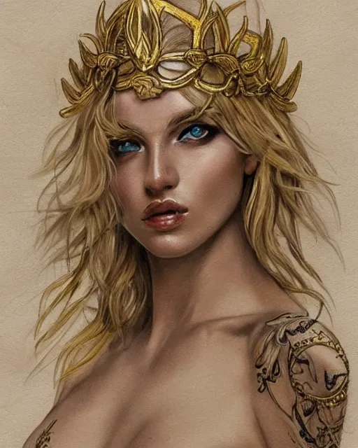 Image similar to tattoo sketch of hot blonde super model as aphrodite greek goddess wearing a gold laurel wreath and triangle earrings, beautiful piercing gaze with sharp pupils, in the style of greg rutkowski, fantasy, amazing detail, epic, elegant, smooth, sharp focus, front view