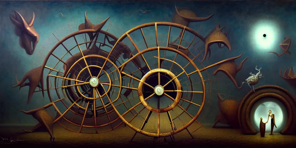 Prompt: trapped on the hedonic treadmill like a hamster on a wheel, ixion's wheel, uncanny, dark surreal oil painting by ronny khalil, shaun tan, and leonora carrington