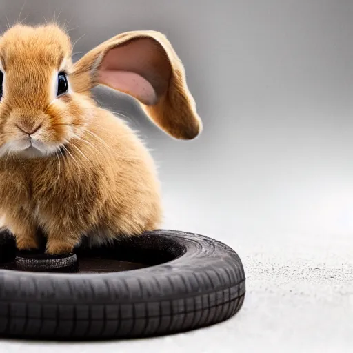 Image similar to a cute bunny sitting on a tire, studio photo, high quality