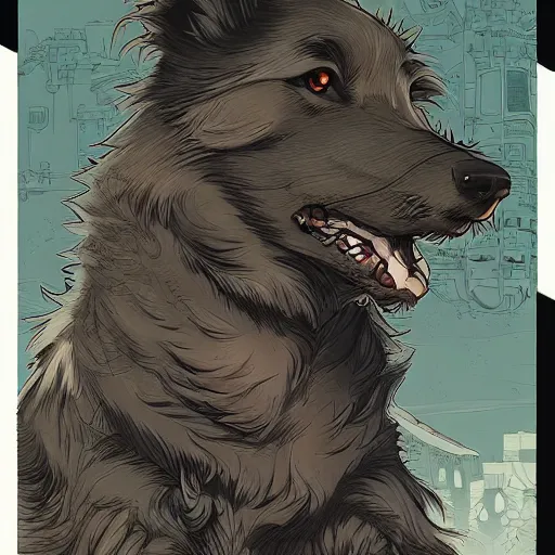 Prompt: rough collie in the style of a manga concept art by josan gonzalez, james jean, Mike Mignola, Laurie Greasley, highly detailed, sharp focus, alien, Artstation, deviantart, artgem