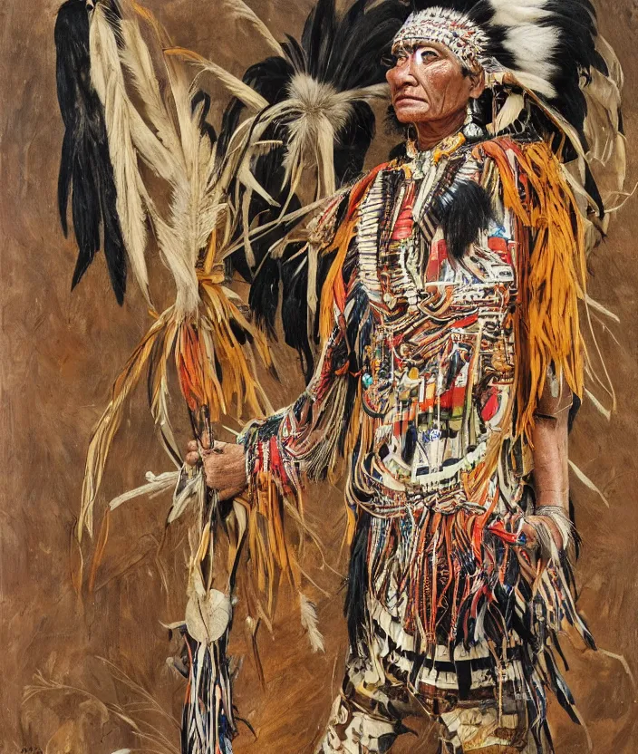 Image similar to full body shot picture of indigenous people young slim fit woman warrior in canyon, painted by lucian freud, intricate costume design, beautiful feathers, hd, super detailed, realistic