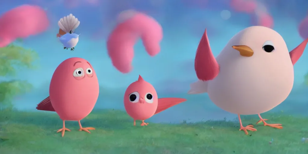 Prompt: screenshot of animated movie with a round pink bird character with short hairs and bangs, borb, animated character, oil painting, cute