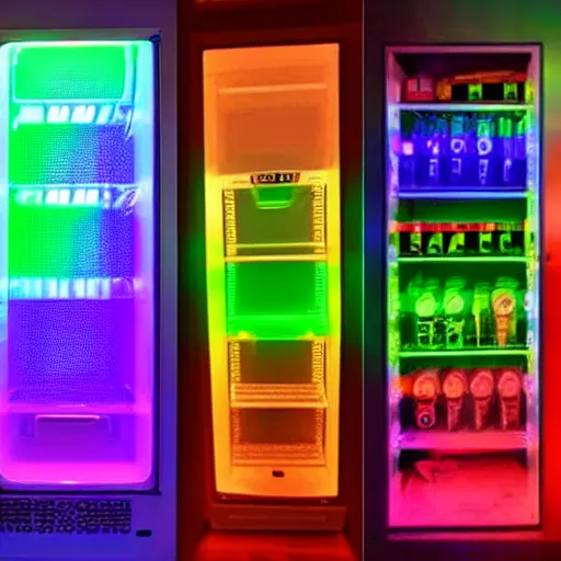 Prompt: gaming refrigerator with colourful RGB lights,