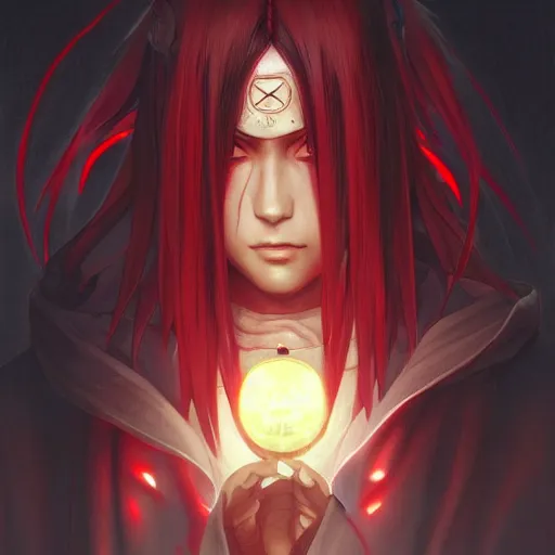 Image similar to itachi uchiha, red glowing eyes, intricate, elegant, highly detailed, digital painting, artstation, concept art, smooth, sharp focus, illustration, art by artgerm and greg rutkowski and alphonse mucha