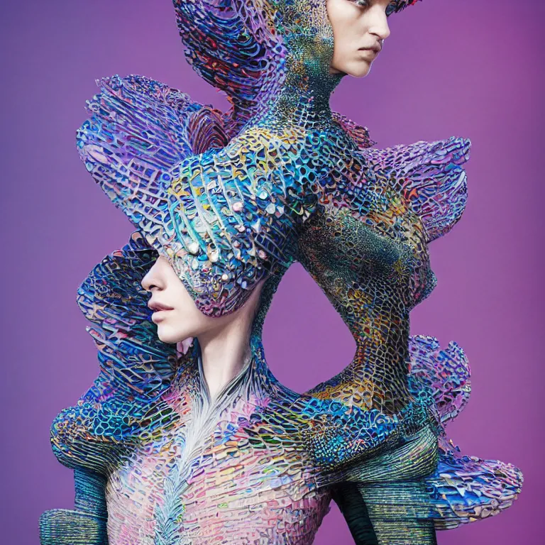 Prompt: beautiful cinematic fantasy character concept of lone elegant beautiful supermodel woman wearing colorful and detailed textured futuristic haute couture by iris van herpen and Yohji Yamamoto and Neri Oxmanand Niccolo Casas and anouk wipprecht and behnaz farahi and jessica rosenkrantz and noa raviv and jun kamei , hybrid, by artgerm; wayne reynolds art station; cinematic quality character render; low angle; ultra long shot, vibrant colors, ultra high quality model; production quality cinema model;