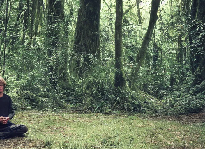 Image similar to screenshot portrait of luke skywalker at the reopening of the new jedi temple school deep within jungle. serene portrait of Mark Hammill, meditating, Photographed with Leica Summilux-M 24 mm lens, ISO 100, f/8, Kodak, Portra 400, 1988