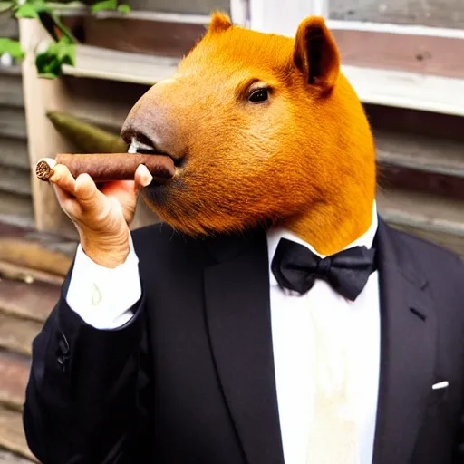 Image similar to smoking cigar, a man wearing a suit capybara head (smoking cigar)