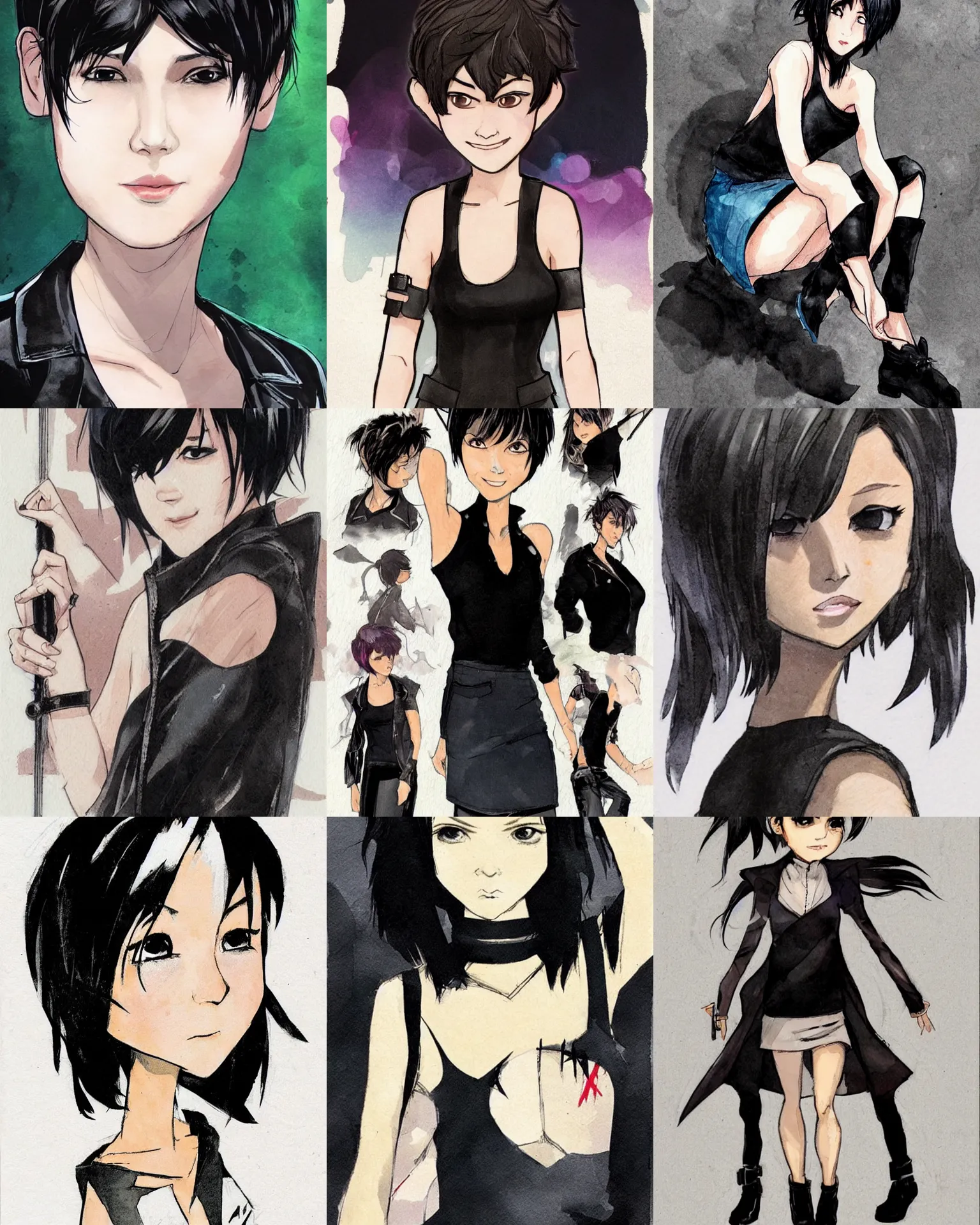 Prompt: character art by Dustin Nguyen. Her hair is dark brown and cut into a short, messy pixie cut. She has a slightly rounded face, with a pointed chin, large entirely-black eyes, and a small nose. She is wearing a black tank top, a black leather jacket, a black knee-length skirt, a black choker, and black leather boots.