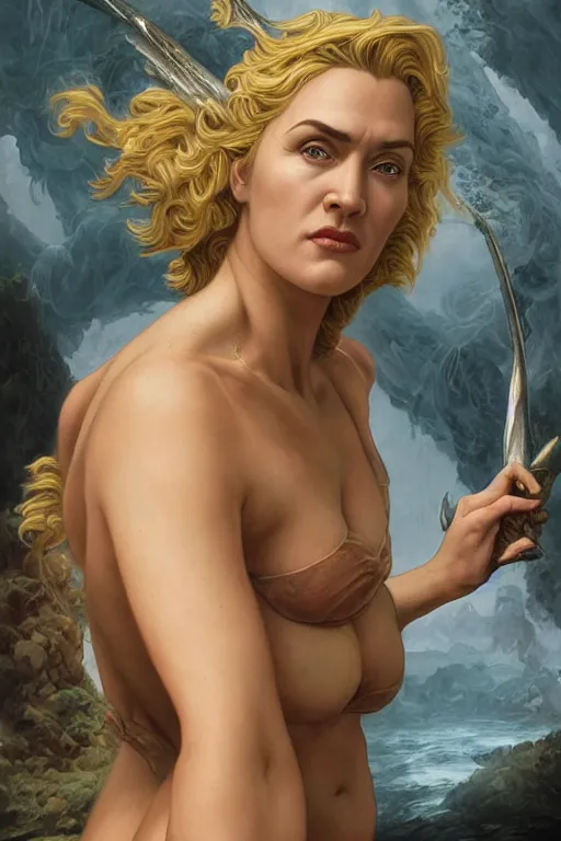 Image similar to A fantasy comic book style portrait painting of Kate Winslet, Cory Chase, hybrid, as an Atlantean Reptilian Warrior, François Boucher, Oil Painting, Mystical Valkyrie, unreal 5, DAZ, hyperrealistic, octane render, Regal, Refined, Detailed Digital Art, RPG portrait, Michael Cheval, William-Adolphe Bouguereau, Walt Disney (1937), Steampunk, dynamic lighting, Highly Detailed, Cinematic Lighting, Unreal Engine, 8k, HD