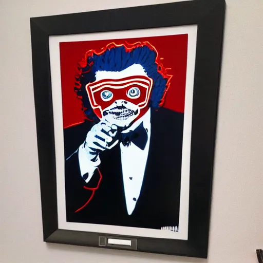 Prompt: robb wells in a suit and tie with a creepy face, a screenprint by warhol, reddit contest winner, antipodeans, hellish, anaglyph filter, hellish background