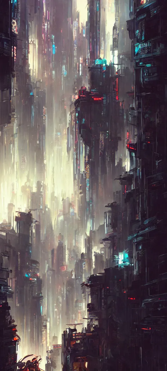 Image similar to A painting of a Vertical Cyberpunk City trending on artstation in the style of Greg Rutkowski