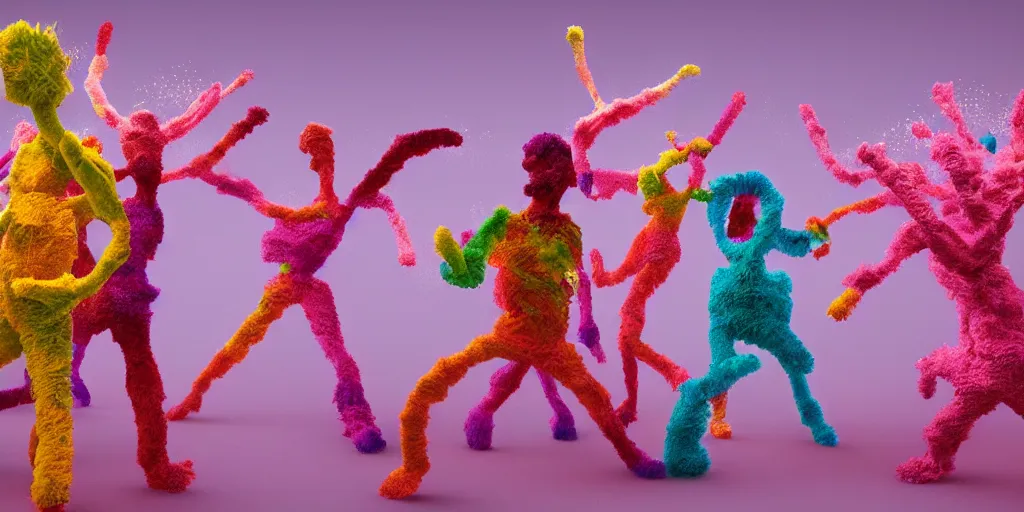 Image similar to group of giant sakura-colored people dancing made out of fluffy pipecleaners in the style of Jean-Michel Basquiat, 3D cinematic lighting, spotlight at a 90 DEGREE ANGLE, photorealism, octane render, depth of field, 8k, 35mm, artgem, Trending on artstation