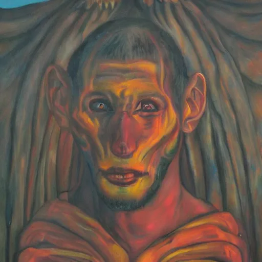 Image similar to portre of an autistic demon on acid, masonic and kabalistic symbols in background, oil painting