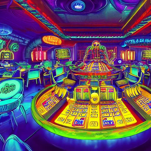 Prompt: Blue toned rainbow colored tropical alien evil shark crocodile gamblers happy colorful full body, centered in frame wide angle clear shot of casino gambling at tables in a steampunk futuristic casino glowing rusty curved walls colorful, feel of ghost in the shell movie, tim burton art influence with heavy hr giger art style, artstation octane render, HD, 8K, Renderman