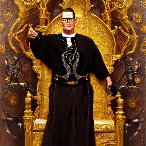 Image similar to perfectly centered portrait of hank hill in gold gothic robe sitting on a throne of black bones, highly detailed painting by gaston bussiere, craig mullins, j. c. leyendecker, 8 k, mid shot