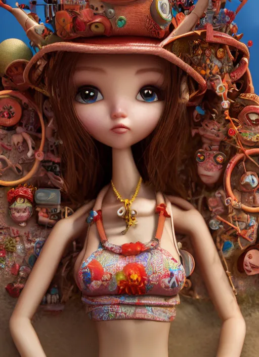 Image similar to closeup profile portrait of tin toy bikini girl beach, depth of field, zeiss lens, detailed, symmetrical, centered, fashion photoshoot, by nicoletta ceccoli, mark ryden, lostfish, breathtaking, 8 k resolution, extremely detailed, beautiful, establishing shot, artistic, hyperrealistic, octane render