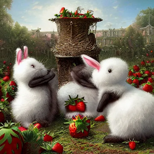 Image similar to fluffy brown, black, white bunnies playing in the strawberry garden, lowbrow, matte painting, 3 - d highly detailed, style of greg simkins