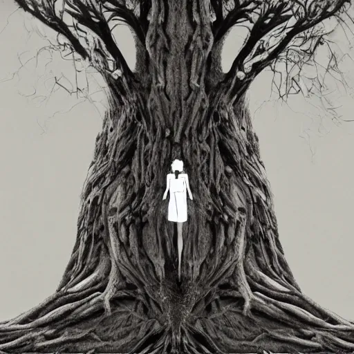 Prompt: Woman grown into a tree, dark, art