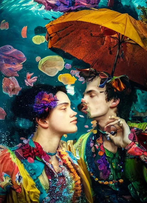 Image similar to detailed colourful masterpiece of photography by couple portrait sat down extreme closeup, love, inside an underwater train, detailed realistic expressions, wearing unusual clothes, by frederic leighton, ultra wide angle