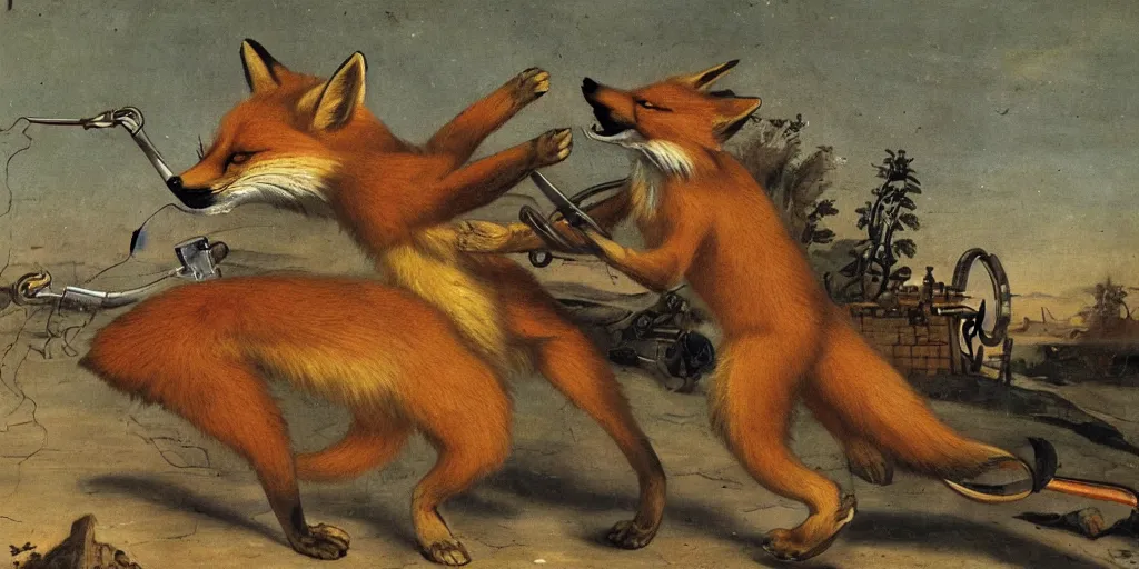 Image similar to anthropomorphic fox fighting a mechanical monster, 1 9 th century painting