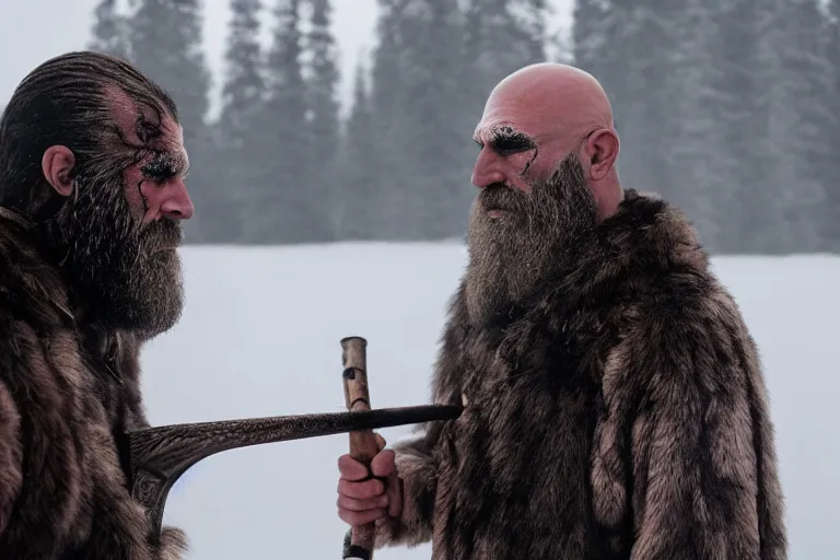 Image similar to vfx movie tough bald man in furs, natural grizzled skin, streaks of red face paint grey beard, holding two detailed viking axes, in snowy tahoe by emmanuel lubezki