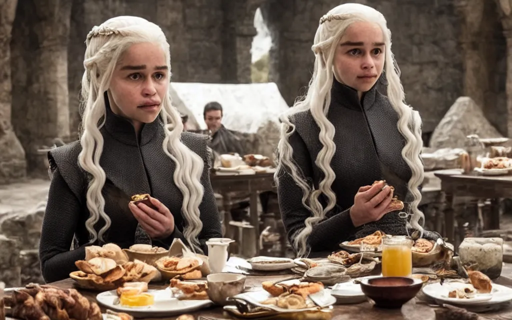 Prompt: daenerys targaryen having breakfast