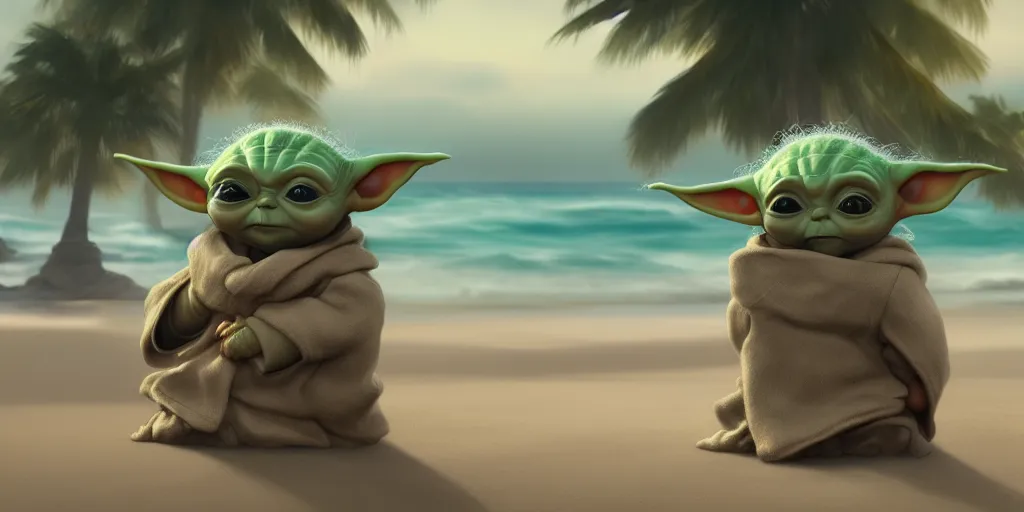 Prompt: Baby Yoda chillin on a beach, waves coming up onto the shore, palm trees swaying in the wind, hyperdetailed, artstation, cgsociety, 8k