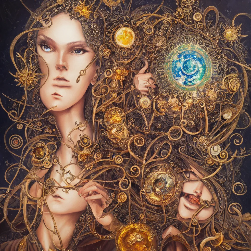 Image similar to Realistic oil painting of alchemical artefact inspired by evangeleon anime, intricate detailed oil painting, detailed illustration, oil painting, painterly feeling, centric composition singular character