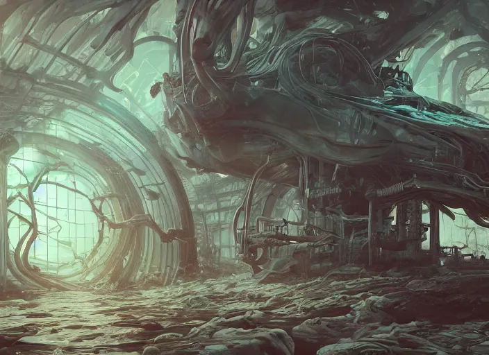 Prompt: science fiction laboratory with a muscular alien specimen with long boney limbs breaking out of its chamber in the style of mohrbacher and glenn fabry, futuristic, layers of bones, transparent carapace, 3 d environment art, unreal engine, god rays, flooded station, artstation, cinematic lighting, klaxon, foggy