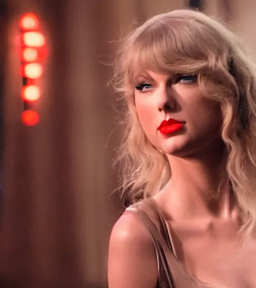 Prompt: a movie still of taylor swift as elvira in the movie scarface 2 0 4 9