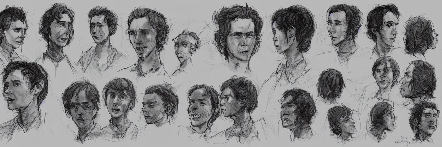 Image similar to character study of julian lage and paul dano, clear faces, wild, crazy, character sheet, fine details, concept design, contrast, kim jung gi, pixar and da vinci, trending on artstation, 8 k, full body and head, turnaround, front view, back view, ultra wide angle