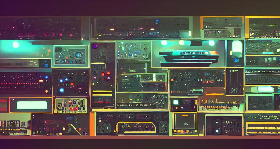 Image similar to a shelf of amazing futuristic synthesizers, cinematic lighting, detailed, beautiful colors, by greg rutowski and studio ghibli