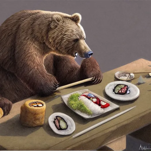 Image similar to bear eating sushi with chopsticks, a detailed matte painting by anton pieck, deviantart contest winner, fantasy art, concept art, official art, matte drawing