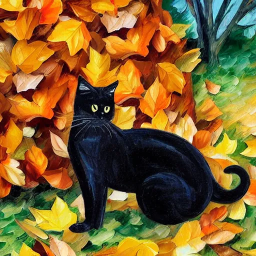 Prompt: black cat with arched back standing on halloween pumpkins in a pile of autumn leaves detailed painting in the style of leonid afremov 4 k