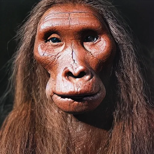 Image similar to “ full body photo of a very primitive pre-human woman Neanderthal looking deeply to the camera, blue eyes, anthropology photography, color kodakcrhome 64,National Geographic ”