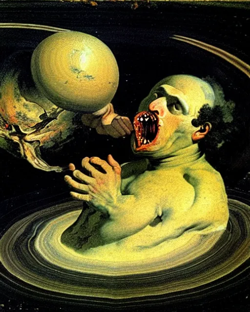 Prompt: saturn being devoured by his son, painted by goya