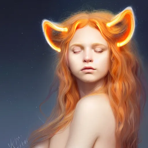 Image similar to Portrait of a girl angel with pale orange colored frizzy strands of illuminated hair, cat ears on her head, glowing halo, Lion's Mane, Lion's Gate, 8/8, fantasy, intricate, elegant, highly detailed, digital painting, artstation, concept art, smooth, sharp focus, illustration, art by Krenz Cushart and Artem Demura and alphonse mucha