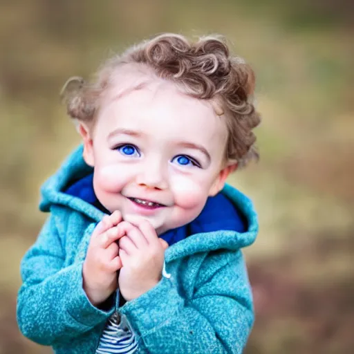 Prompt: beautiful cute happy toddler, sunken dark blue eyes, short golden curls, high-detail